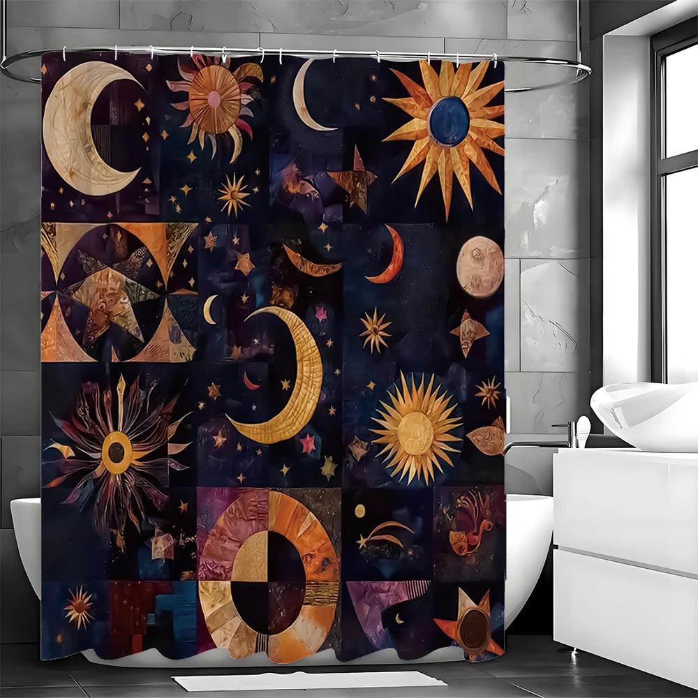 Sun Moon Geometric Collage Shower Curtain, Bathroom Decorative Shower Curtain, Waterproof Shower Curtain with Hooks