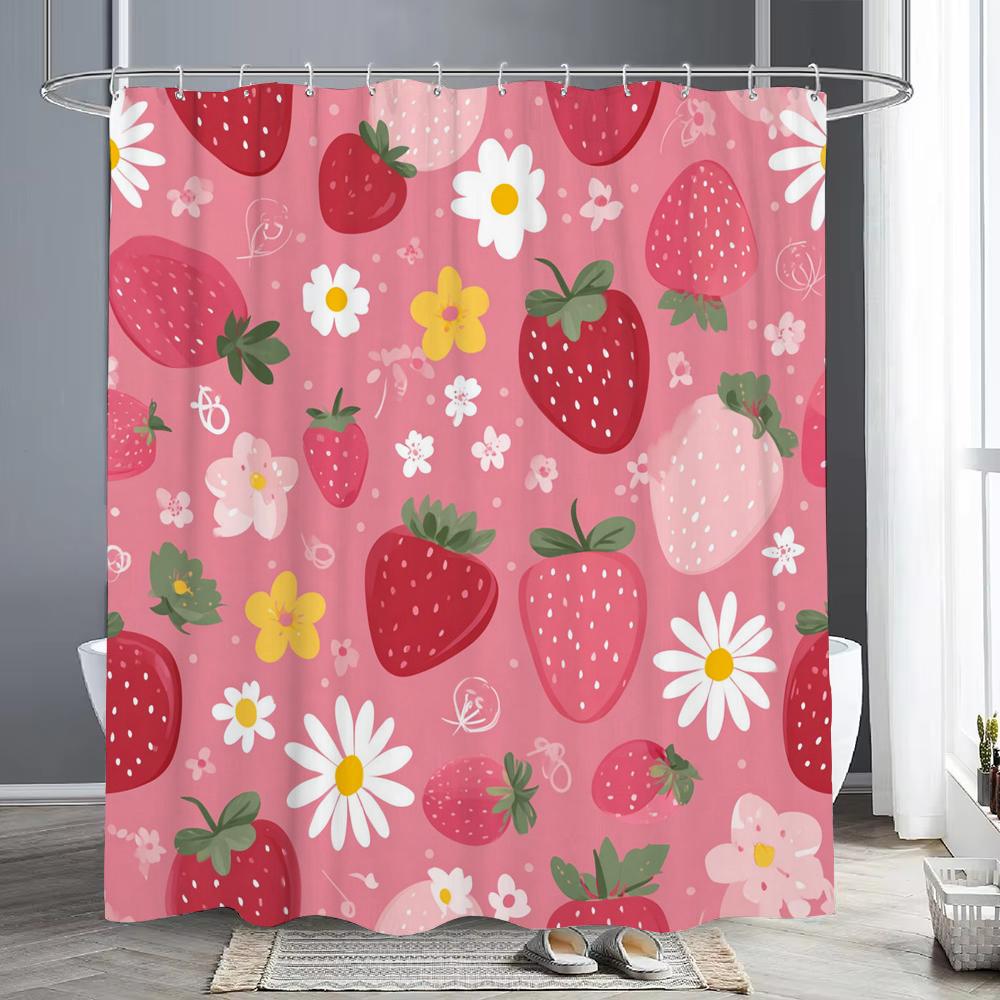 Lemon, Strawberry, Peach Tropical Fruit Shower Curtain, Bathroom Decorative Shower Curtain, Print Polyester Curtain With Hooks