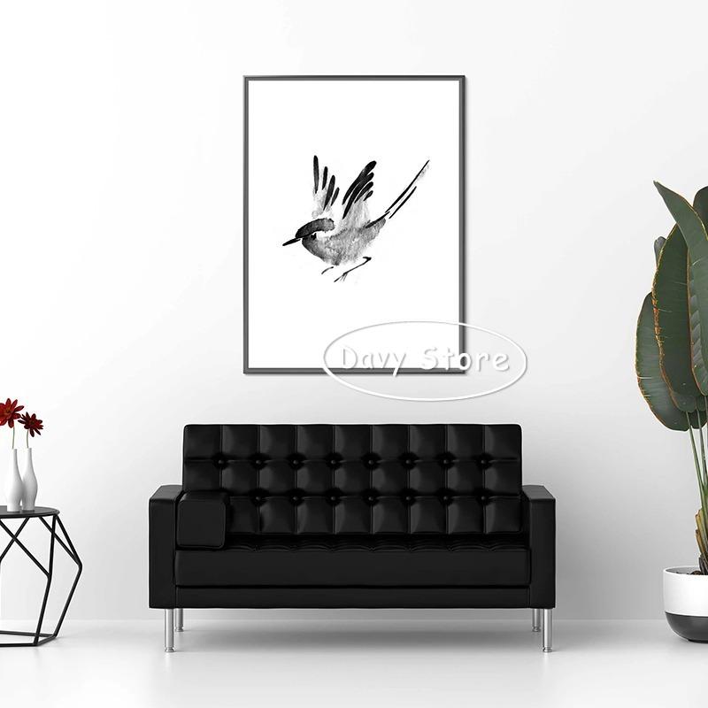 Japanese Style Watercolour Bird Prints Black and White Bird Poster Canvas Painting Wall Art Picture for Living Room Home Decor