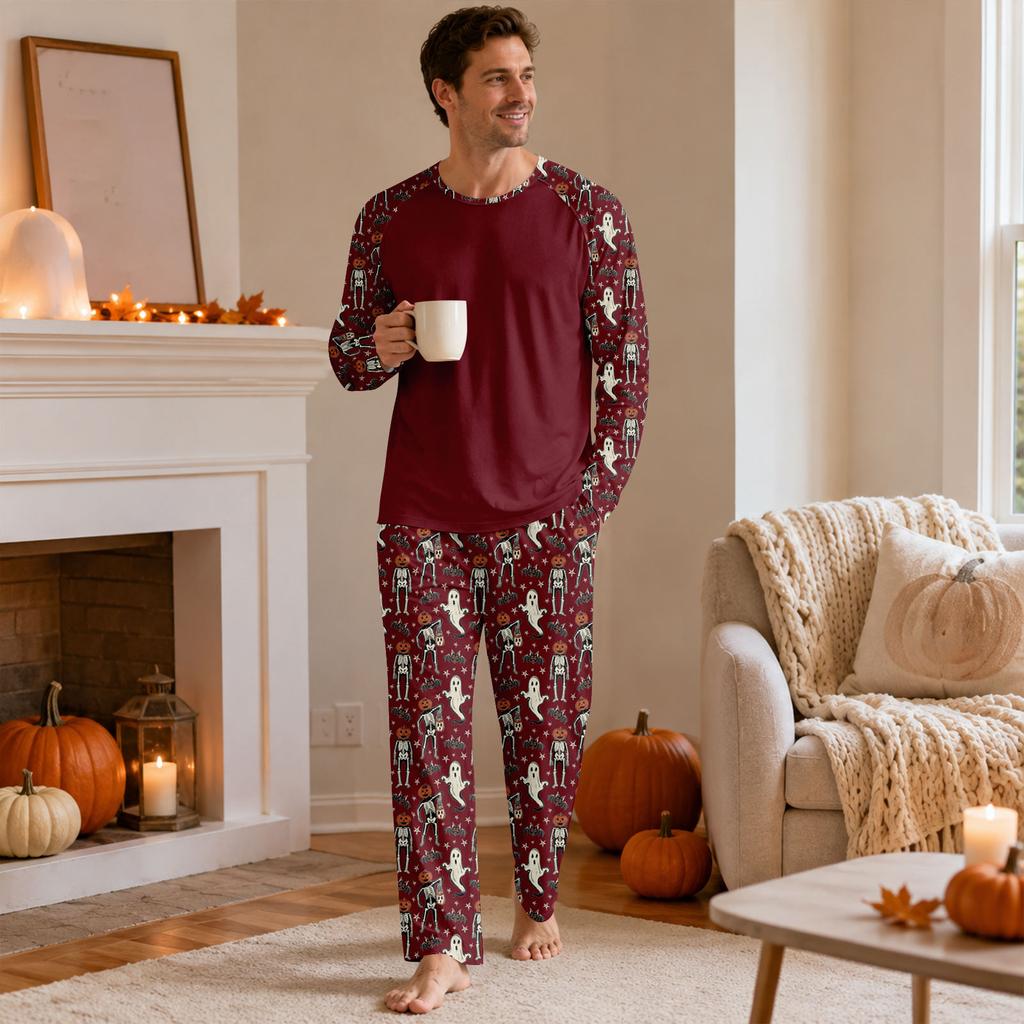 Men's Halloween Pajama Set Long Sleeve Round Neck Top and Pants Casual Comfortable Sleepwear