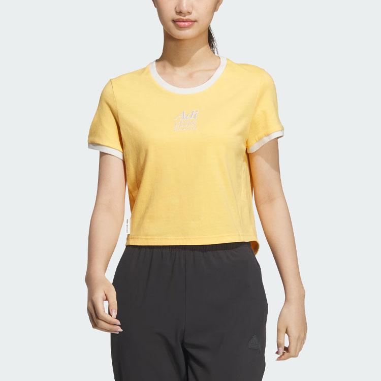Adidas Small Logo Print Spliced Sports Casual Short Sleeve Tee Women Tops Apricot-Yellow JI6879