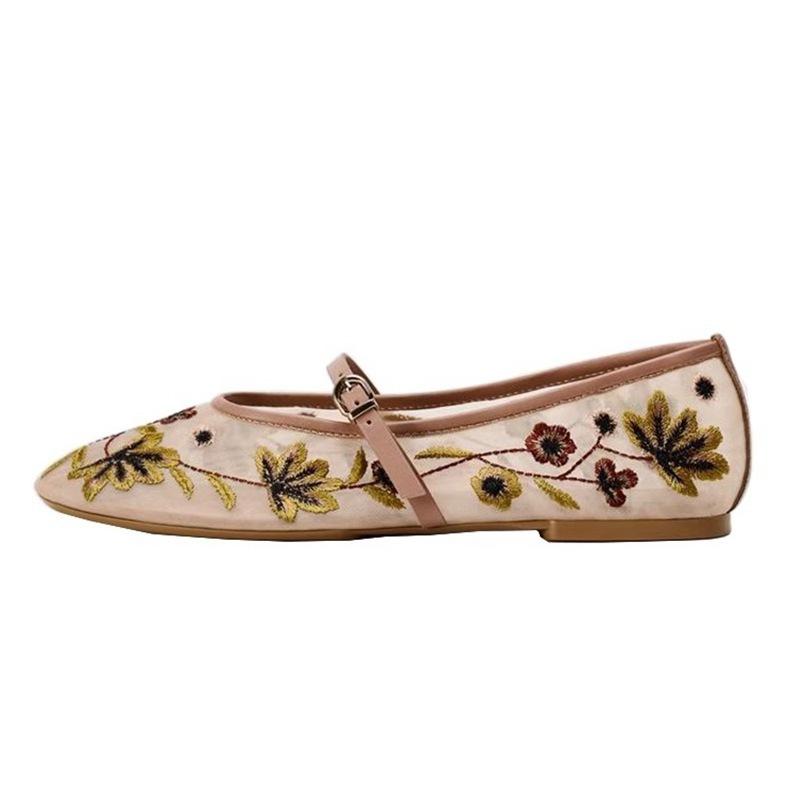 Autumn New Retro Flower Embroidered Mesh Single Shoes  Shoes Fashionable Breathable Green One-word Ballet Flats