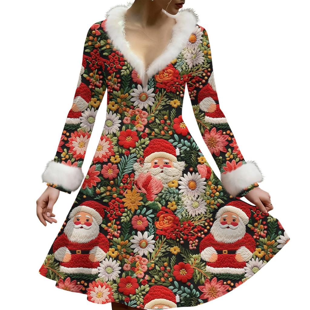 Women's Casual V-neck Christmas Print Plush Long-Sleeve Casual Dress