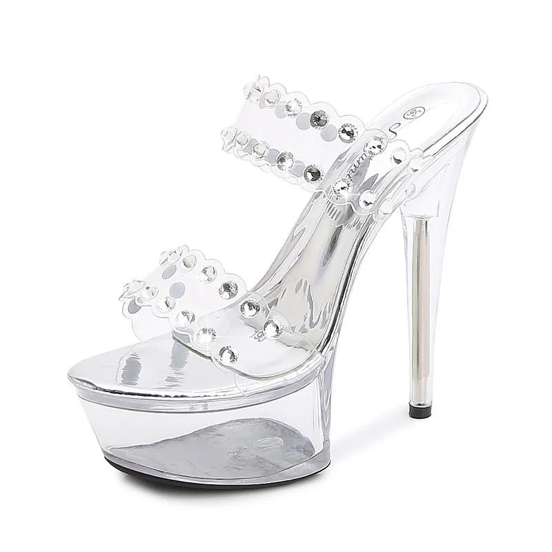 Fashion Women Model Shoes Heels Super High heels 15cm Sunflower Waterproof Sandals Transparent Clear heel Crystal Shoes Wedding Shoes