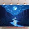 2D-Ebene, blauer Mond-Hintergrundstoff am Flussufer des sternenklaren Canyons, geeignet für Schlafzimmerdekoration, Polyesterfaser