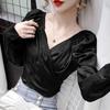 New Autumn Women's Design V-neck Bubble Temperament High-waisted Short Top