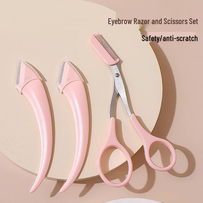 Pink Eyebrow Trimmer Set: Anti-Scratch Razor & Scissors for Beginners