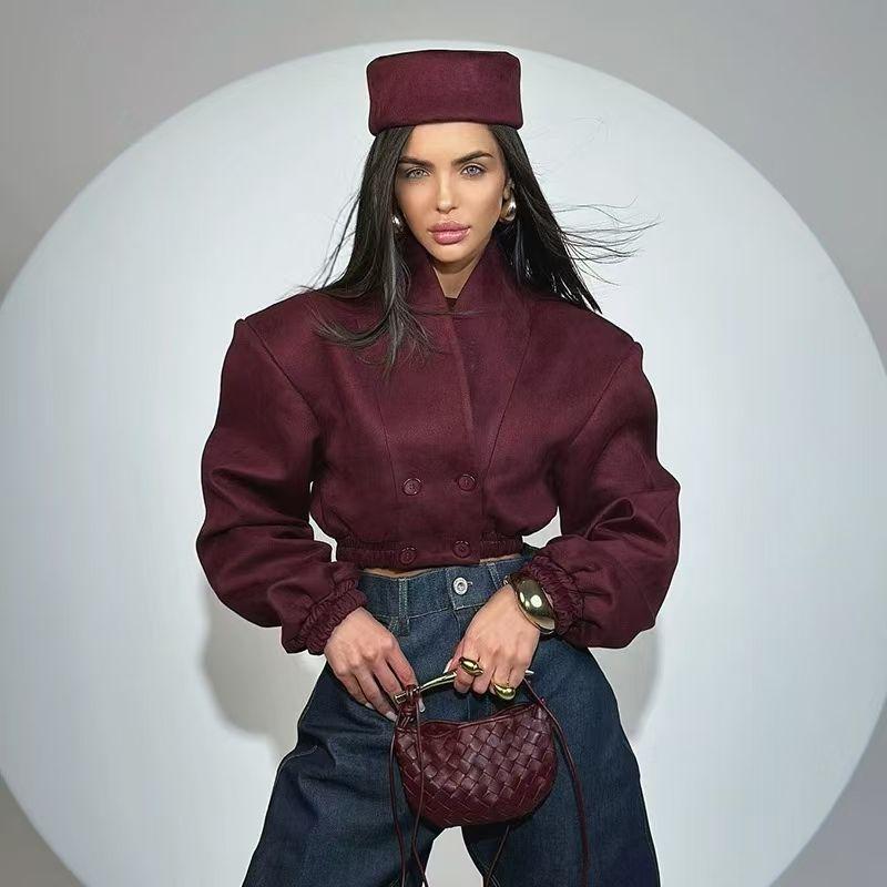 

Новая мода в западном стиле V-образный вырез двубортная короткая верхняя одежда двойного заваривания короткая куртка Burgundy M