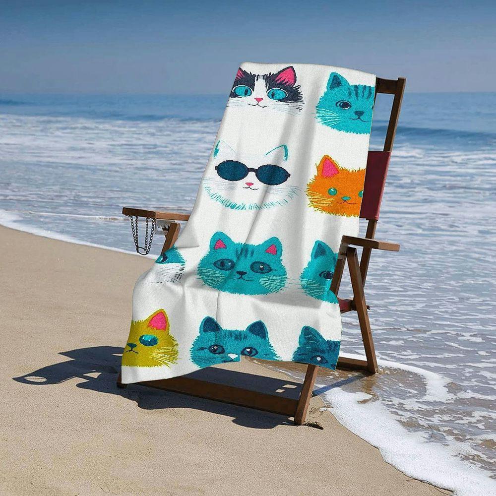 Oversized Cat Beach Towel, Soft Microfiber Quick Dry Colorful Cartoon Cat Print Bath Towel, Large Pool & Travel Beach Blanket