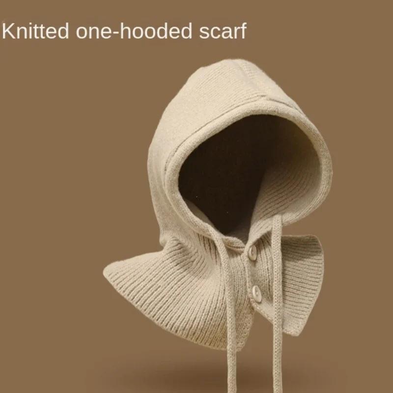 Korea Winter Hats and Scarf Set with Botton Scarf Balaclava Hat Warm Neck Set Women Knitted Wool Pullover Hat Gothic Y2k