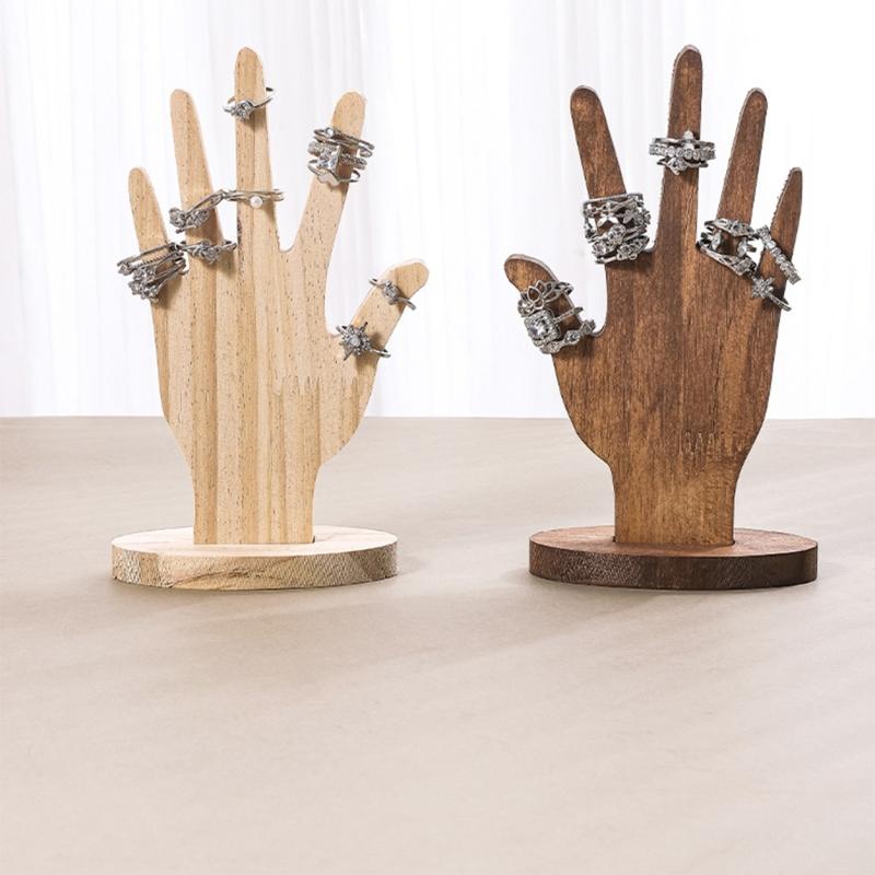 2 Piezas Escultura de Madera Maciza con Forma de Mano para Anillos Elegante Soporte de Exhibición de Joyería y Accesorios para Escaparate de Boutique