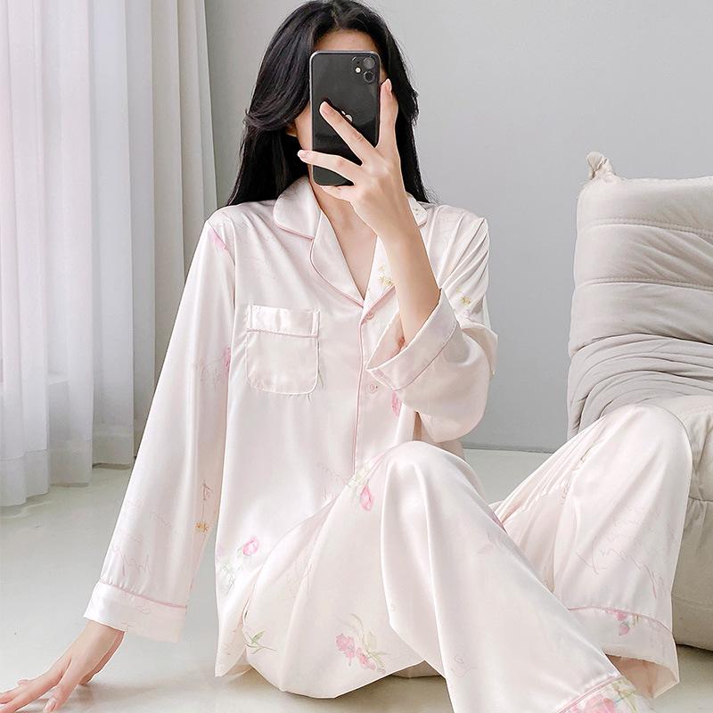 Women's Autumn/Winter Ice Silk Cartoon Pajamas, Korean-Style Sweetheart Set - Long Sleeve & Pants