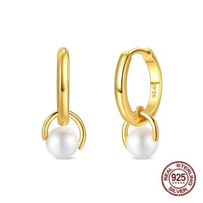 100% 925 Silver Pearl Golden Geometry Hoop Earrings For Women Fashion Birthday Party Wedding Jewelry Engagement Jewelry