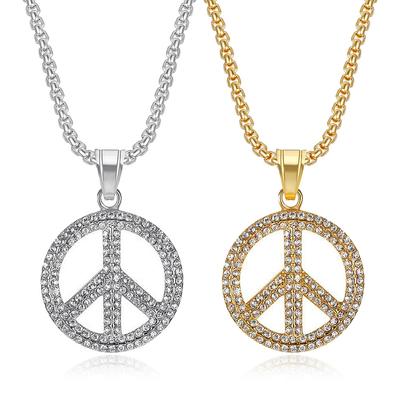 Unisex Stainless Steel Peace Sign Necklace Retro Gold Plated Square Pearl Pendant Chain Hip Hop Charms Jewelry Wholesale