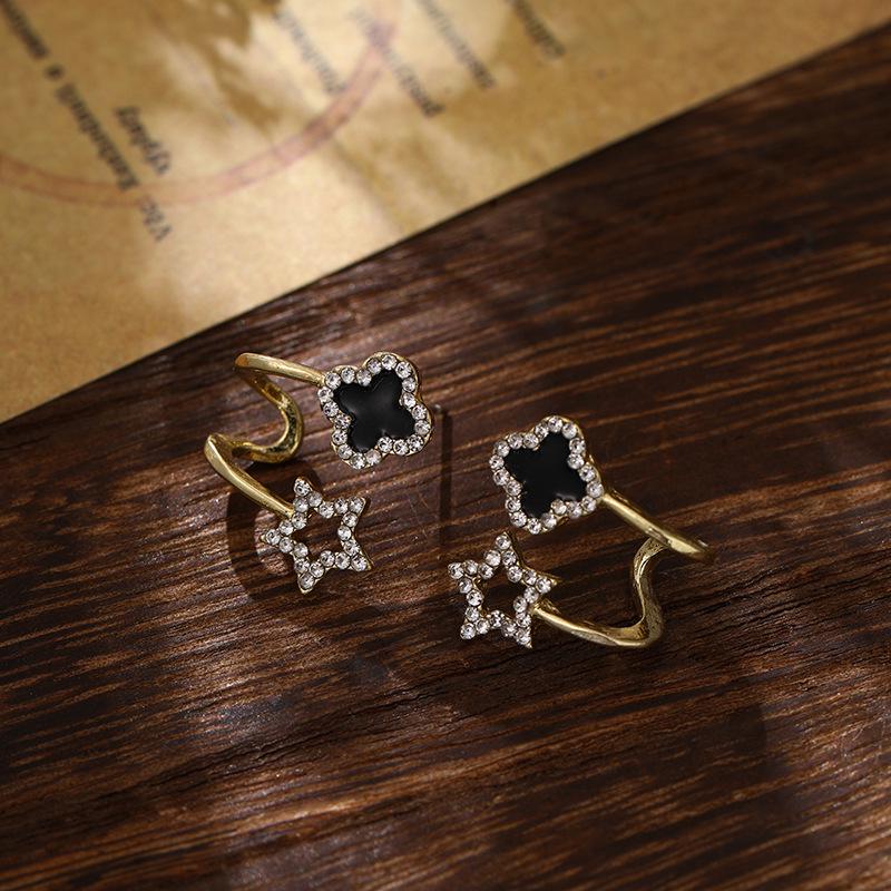 

S925 Silver Korean Flower & Star Luxury Clover Stud Earrings for Women чёрный
