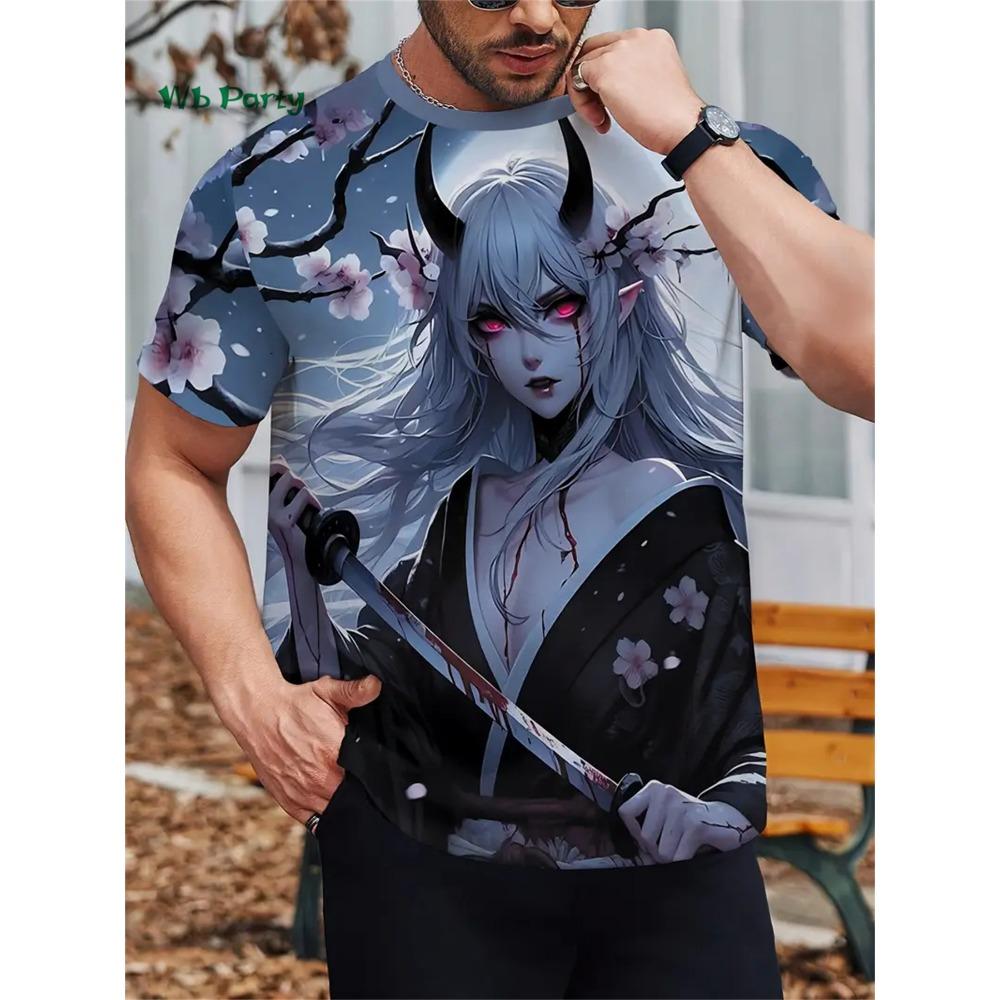 Sakura Samurai Pattern Men's T-Shirt Japanese Anime Short Sleeve T-Shirt Harajuku Tops Summer Men's Oversized Casual Clothing