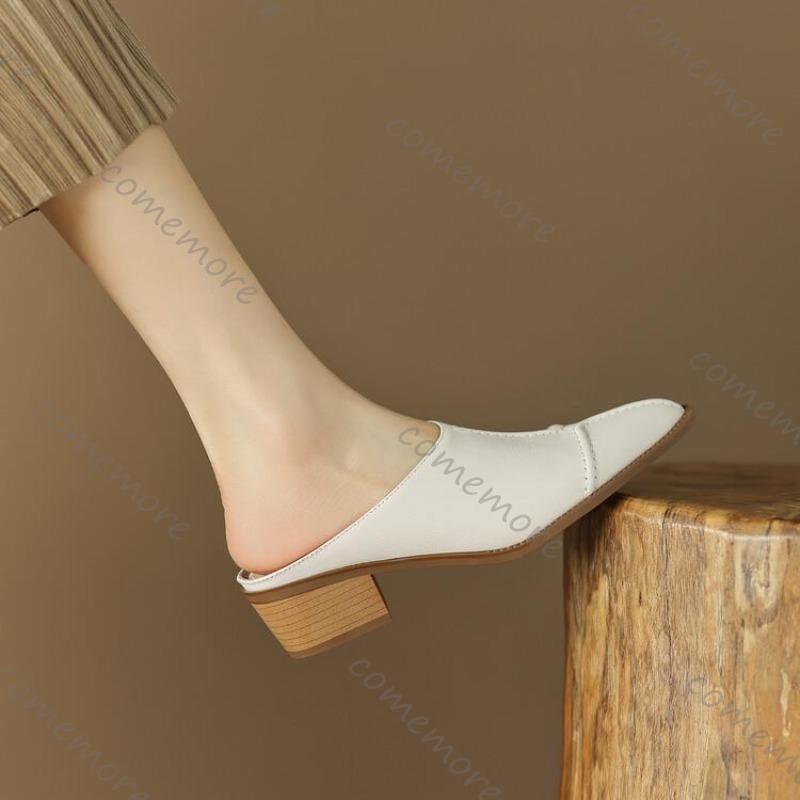 Comemore Sexy High Heel Mules Ladies Leather Sole Slippers Women Pointed Toe Casual Slip on Shoes for Woman Outdoor Half Slipper