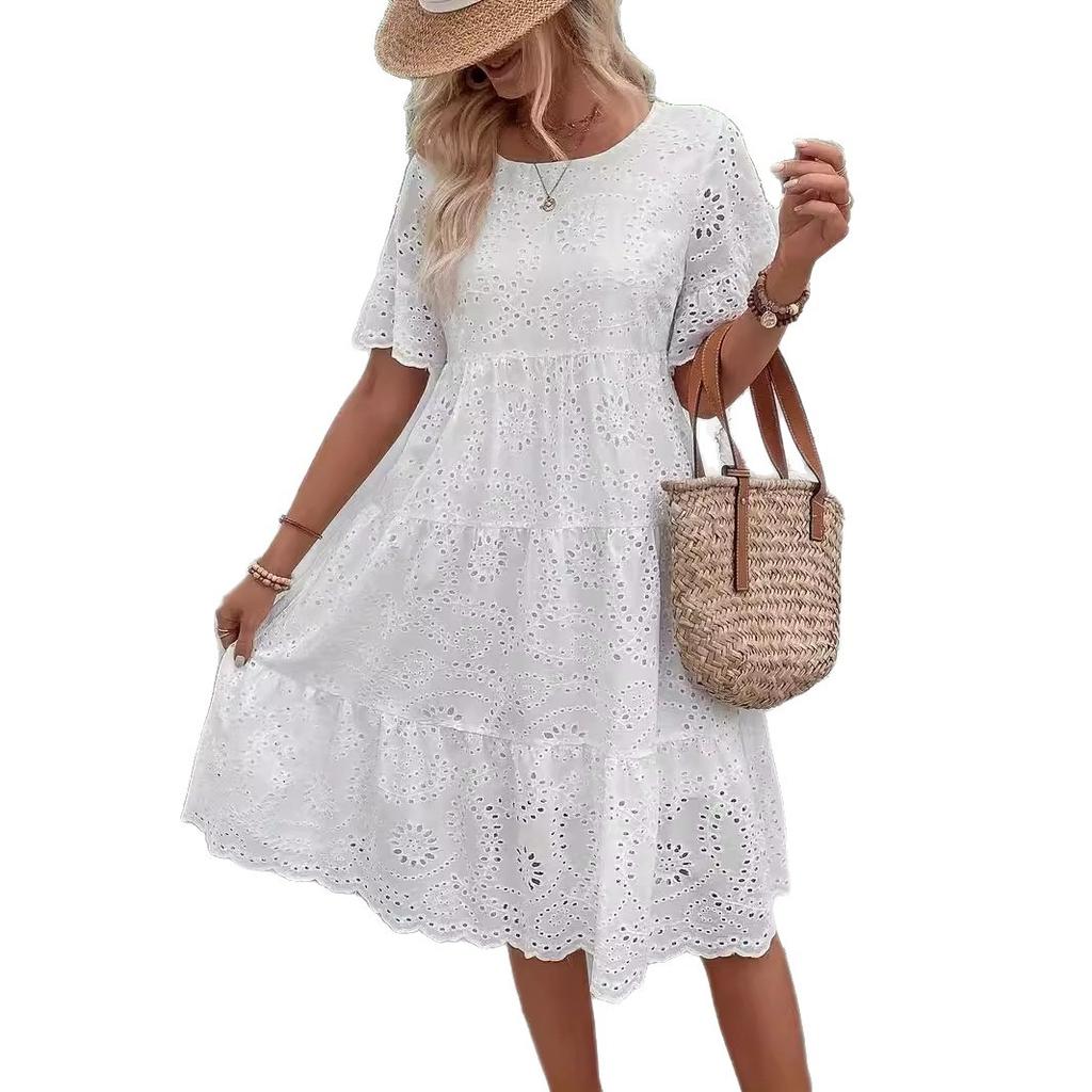 Hot Dress Solid Color Embroidery Lace Hollow for Dress Women