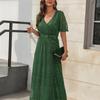Women V Neck Wrap Maxi Dress Waist Belted Side Slit Pure Color Gold Stamping Short Sleeves Dress