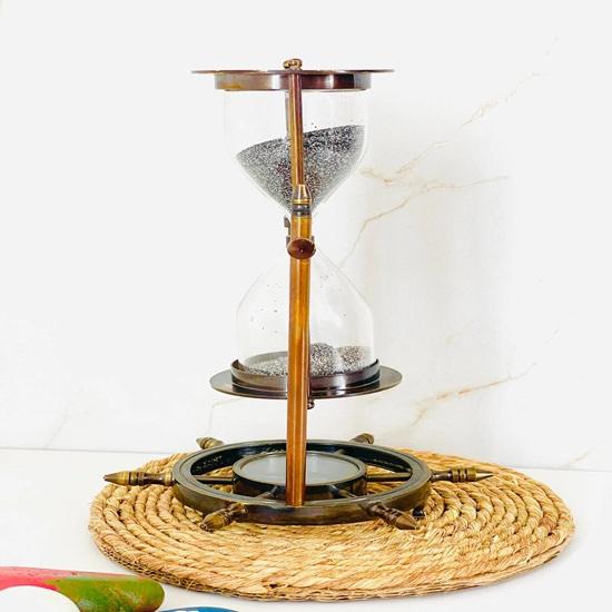17.78 Cm Brass Hourglass Sand Timer with Compass Wheel Office Decor Gift