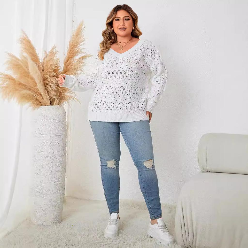 Fall Women's Round Neck Pullover Knit Sweater Plus Size Hollow Out V-Neck Tops