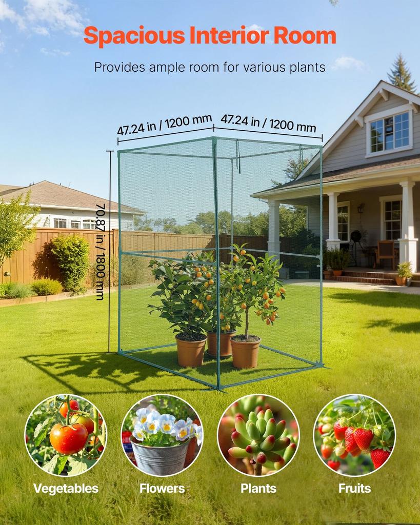 Crop Cage, 1.2 X 1.2 X 1.8 M Plant Protection Tent with Zippered Door, Wind-Resistant Tall Crop Cage, Easy To Install, Outdoor Raised Bed Cover,