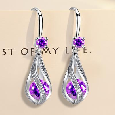 Luxury 925 Sterling Silver Fine Shining Purple Crystal Earring For Women Fashion Jewelry Party Wedding Engagement Christmas Gift