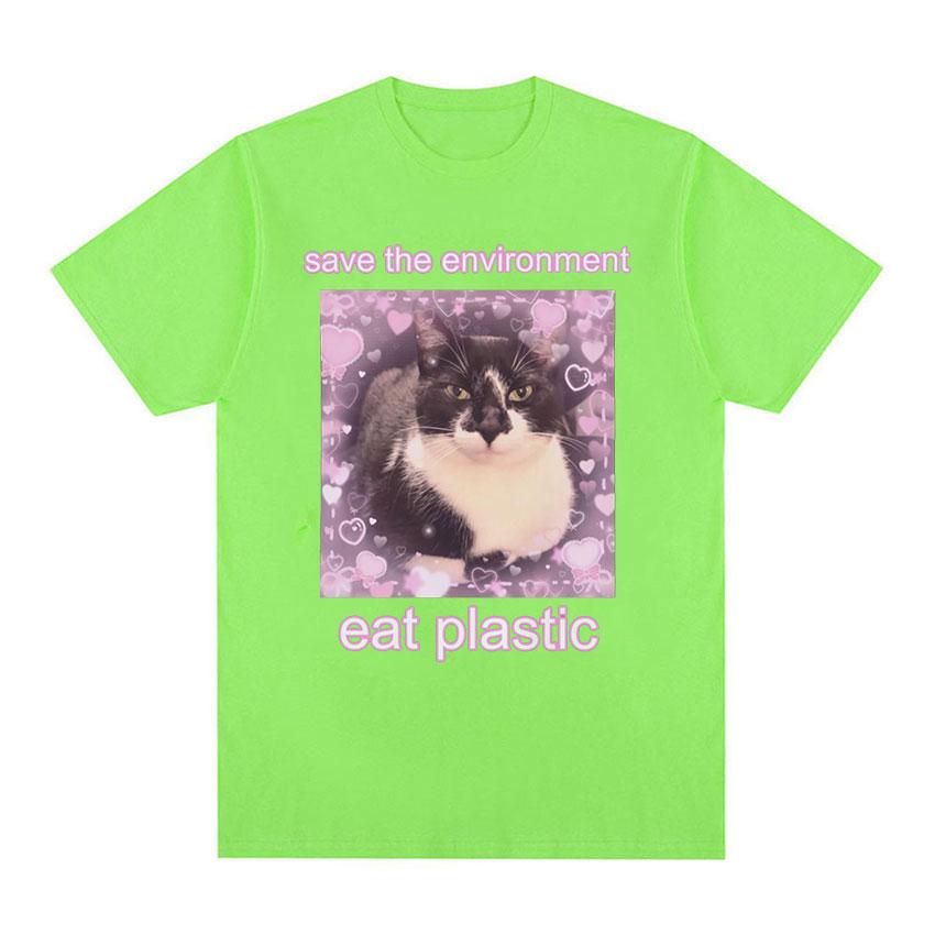 Save The EnvironUnisext Eat Plastic Cute Cat Graphic T Shirt Funny Unisex Women O-Neck Clothing T-shirts 100% Cotton Oversized T-shirt