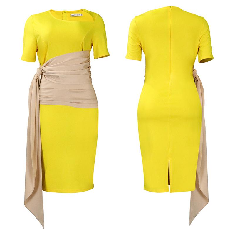 Pleated Strap Clothing Summer Short Color Matching Large Size Women's Sleeve Diagonal Collar Sheath Dress