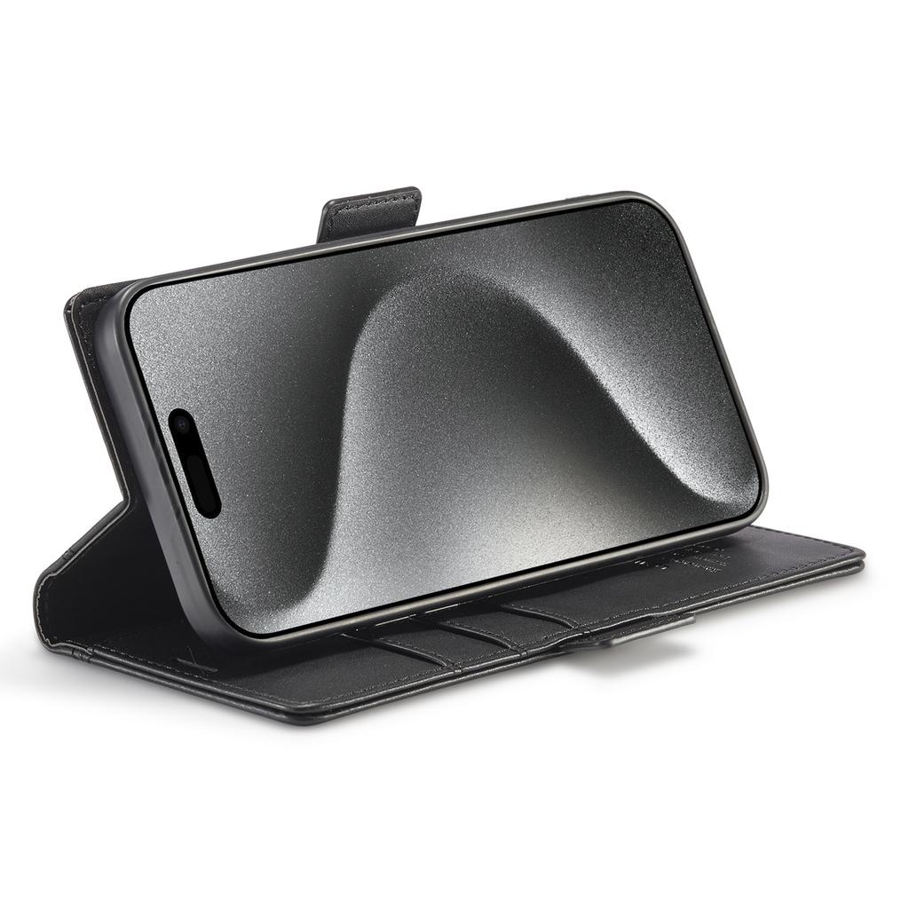 LC.IMEEKE For iPhone 16 Pro Leather Case Imprint Lines Phone Cover Wallet Stand