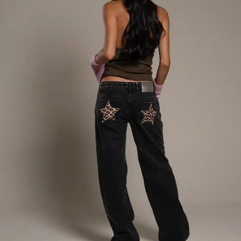 Vintage Star Print Denim Jeans Women Loose Straight Cut Streetwear Casual Pants
