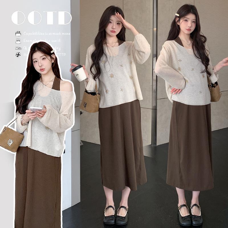 2026 Spring Maternity Rhinestone Vest Dress Set M