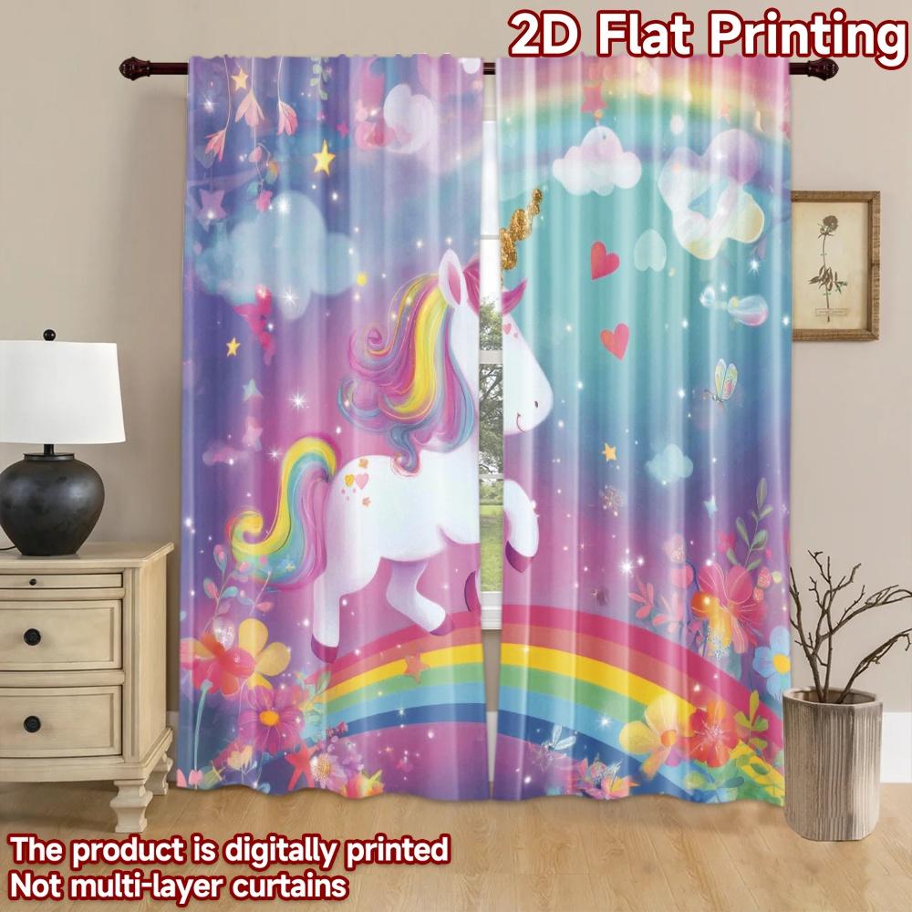 2D flat printing 2pcs Window Curtains Cute Unicorn Rainbow Stars Digital Printed Polyester Drapes Seasonal Party & Holiday Decor
