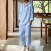 Men's Linen Hooded Two-Piece Set: Half-Zip Long Sleeve Shirt and Jogger Pants for Beach Vacation