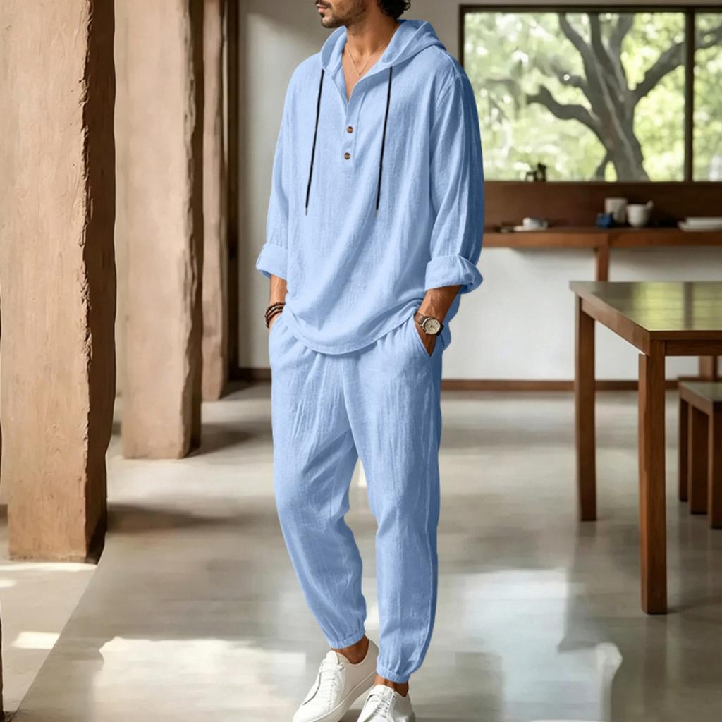 Men's Linen Hooded Two-Piece Set: Half-Zip Long Sleeve Shirt and Jogger Pants for Beach Vacation