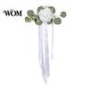 Easy Install Car Flowers Wedding Door Handle Flower with Ribbon Tie And Green Leaves, White Artificial Full Set Trim Rose Rearview Mirror Bouquet for