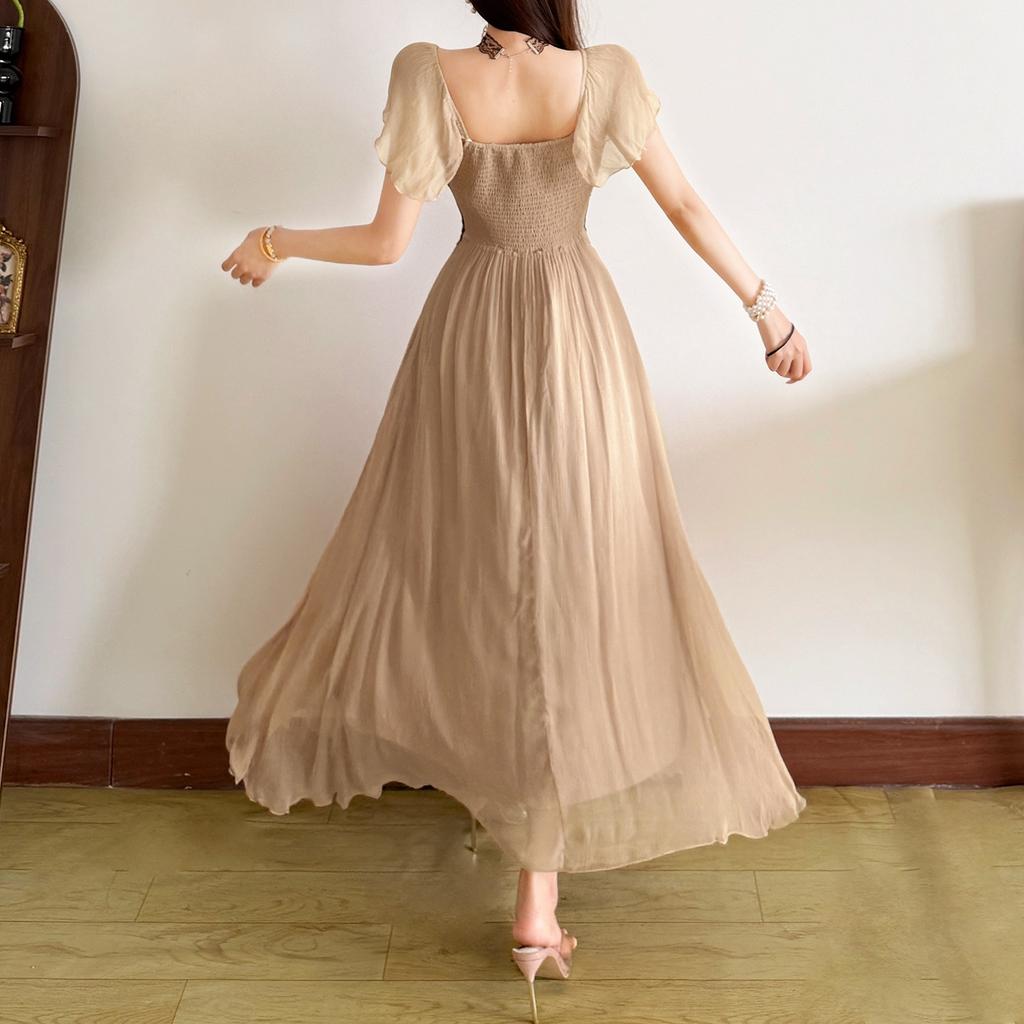 2026 European and American summer new fashion French retro summer lace gauze design waist and thin dress