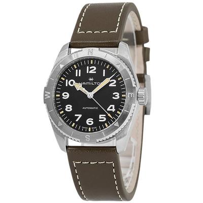 Montre pour homme Kaki Field Expedition avec bracelet en cuir et cadran noir automatique H70225830 100M