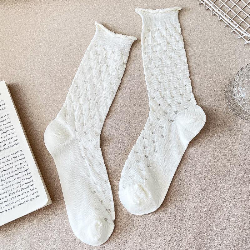 

Female Summer Thin Sweet Curled Edge Breathable Mesh Boneless White Tube Stack Socks 1 pair