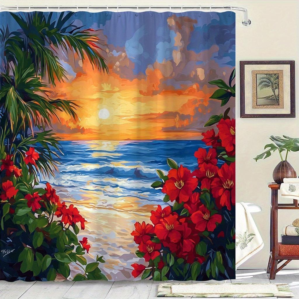 1 Piece High Quality Polyester Shower Curtain - Vibrant Beach Sunset Scenery, Machine Washable Bathroom Decor with Hooks