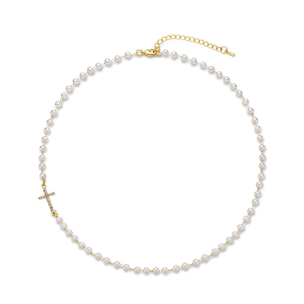 Exquisite and Simple Cross Necklace Women's Single-layer Imitation Baroque Pearl Handmade Pearl Necklace Women