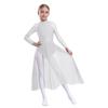 Girls Lyrical Dance Dress Shiny Rhinestones Sheer Mesh Patchwork Keyhole Back Long Sleeve Leotard