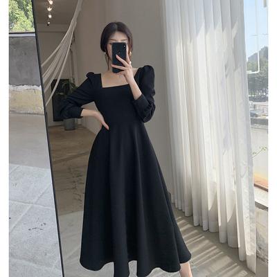 Little Black Dress Women's Spring and Autumn New Retro Square Collar Long Over the Knee Black Temperament Dress Long Dress