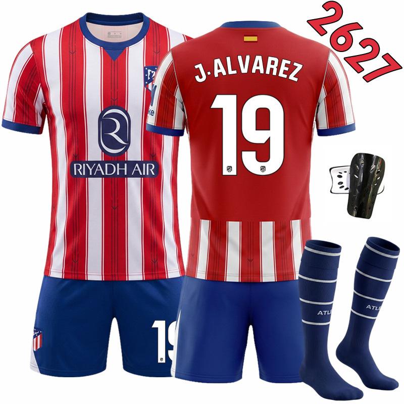 Atletico Madrid Home Jersey Set No.19 Alvarez Adult Youth Soccer Uniform Breathable Quick-Dry Football Kit