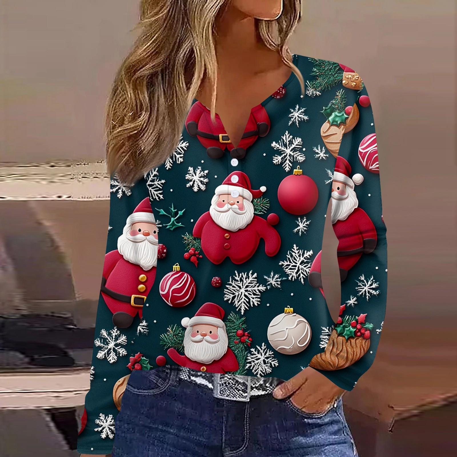 

Женская футболка с рождественским принтом на пуговицах с длинным рукавом, повседневная, выходного дня, модная, базовая, с V-образным вырезом, обычная L
