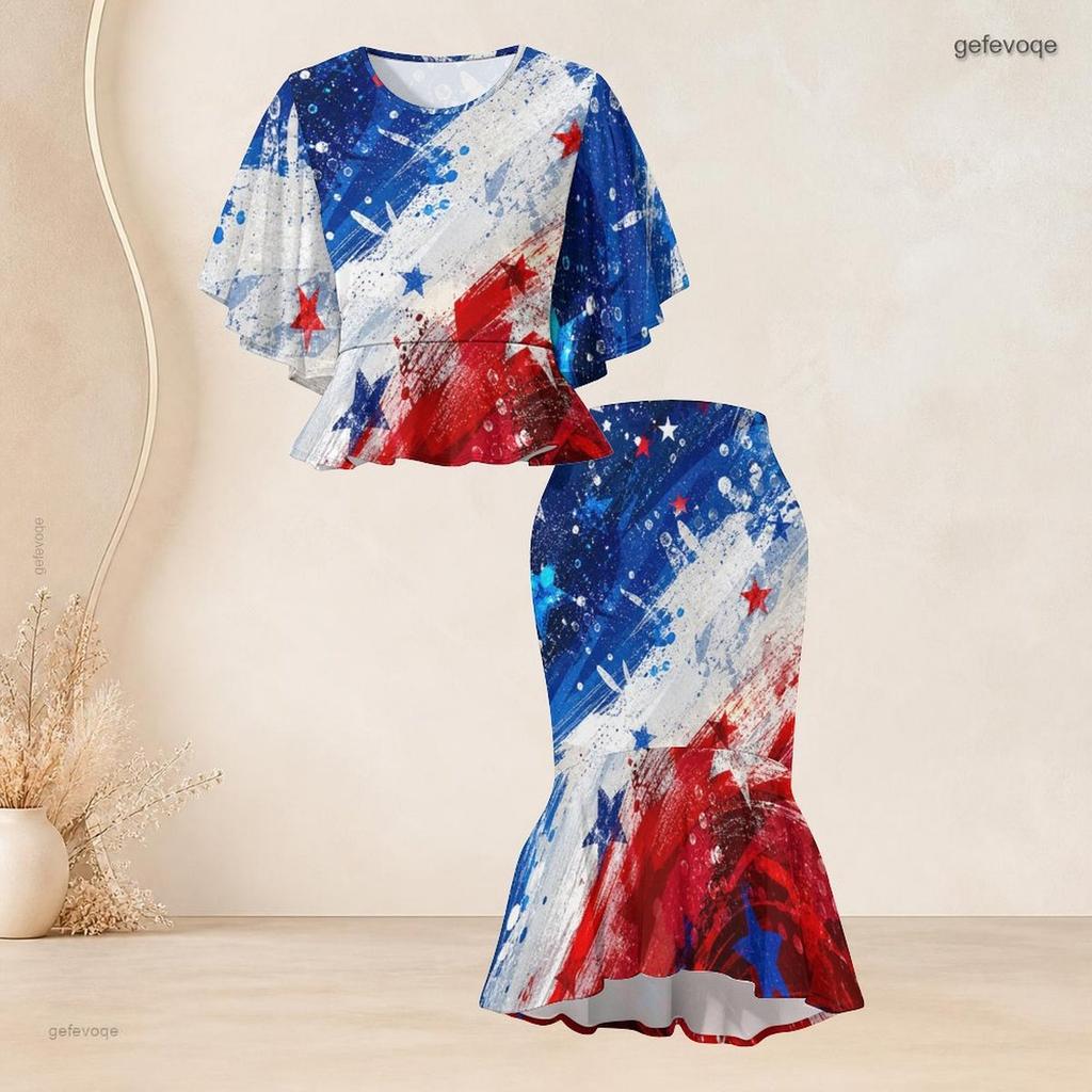 Women Plus Size Round Neck Batwing Sleeve Printed Red Blue White Ruffle Top Fishtail Skirt Two Piece Set