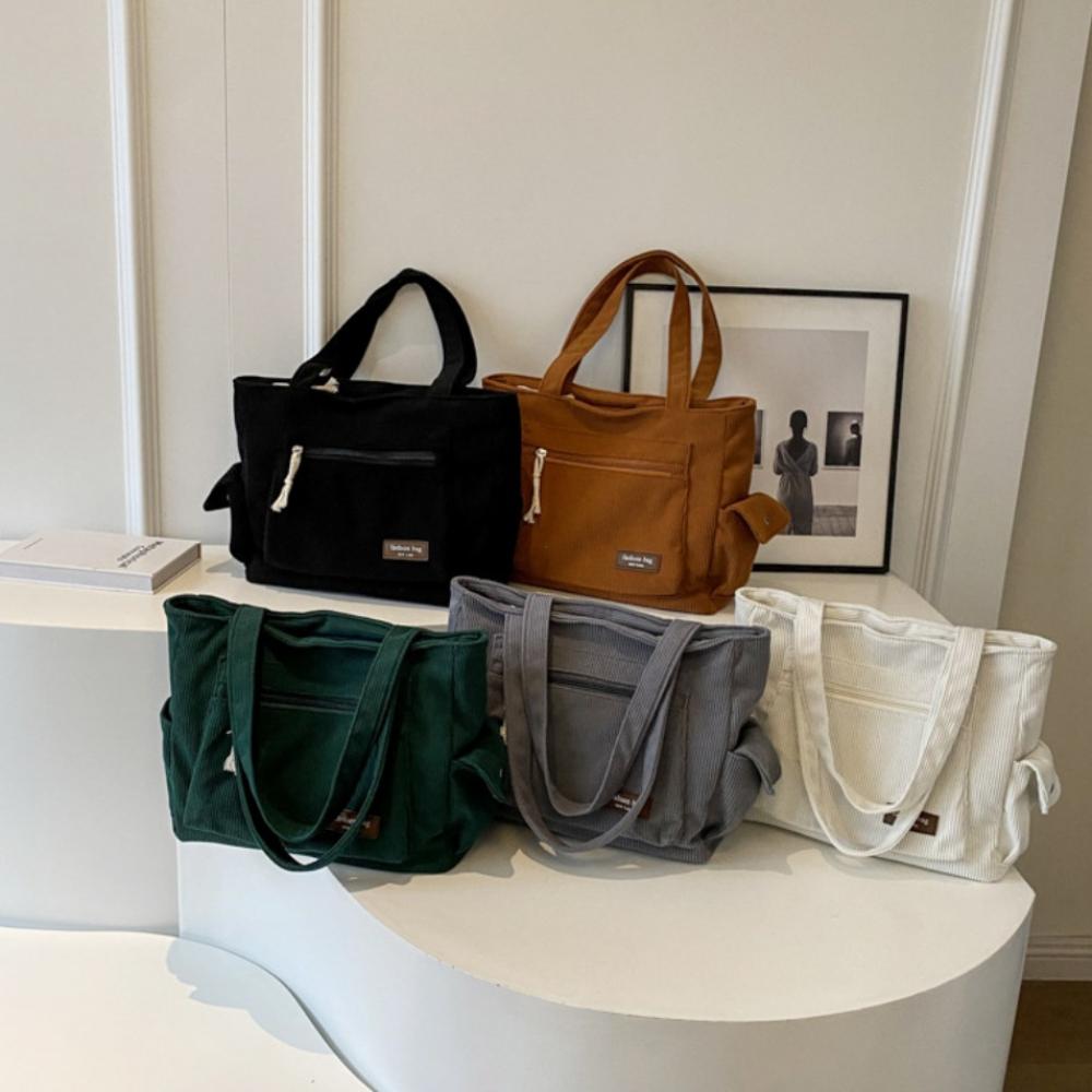 Simple Corduroy Tote Bag, Solid Color Shoulder Bag, Retro Multi Pockets Handbag for School Work Shopping Tote Bags for Women