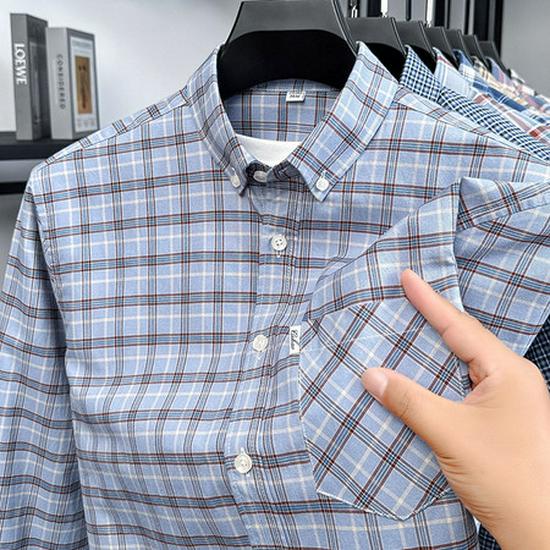 Herr Premium Långärmad Rutig Bomullsskjorta: Nedvikt krage, Vår/Höst Business Casual