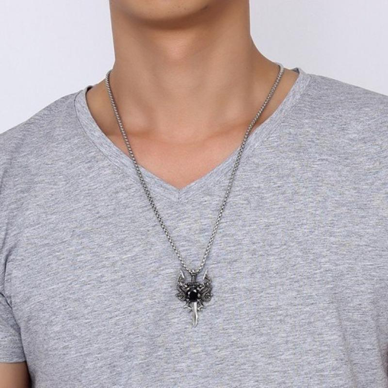 European and American Jewelry Creative Double Dragon Sword Black Gem Pendant Necklace Retro Necklace Men