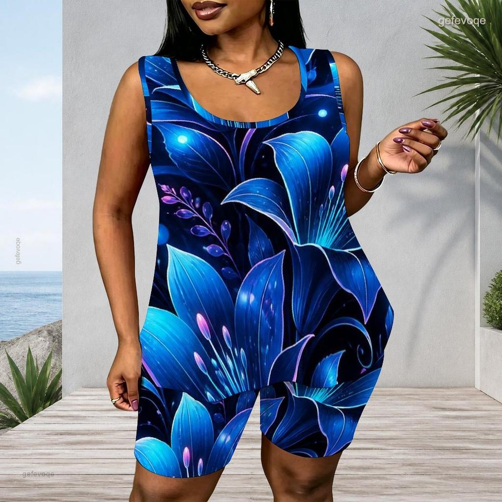 Women Plus Size Navy Blue Floral Printed Scoop Neck Sleeveless Tank Top And Shorts Two Piece Set